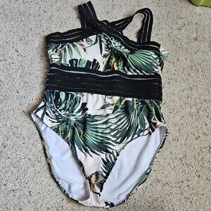 Amazon Women's Tropical Print One Piece Swimsuit - Black and Green